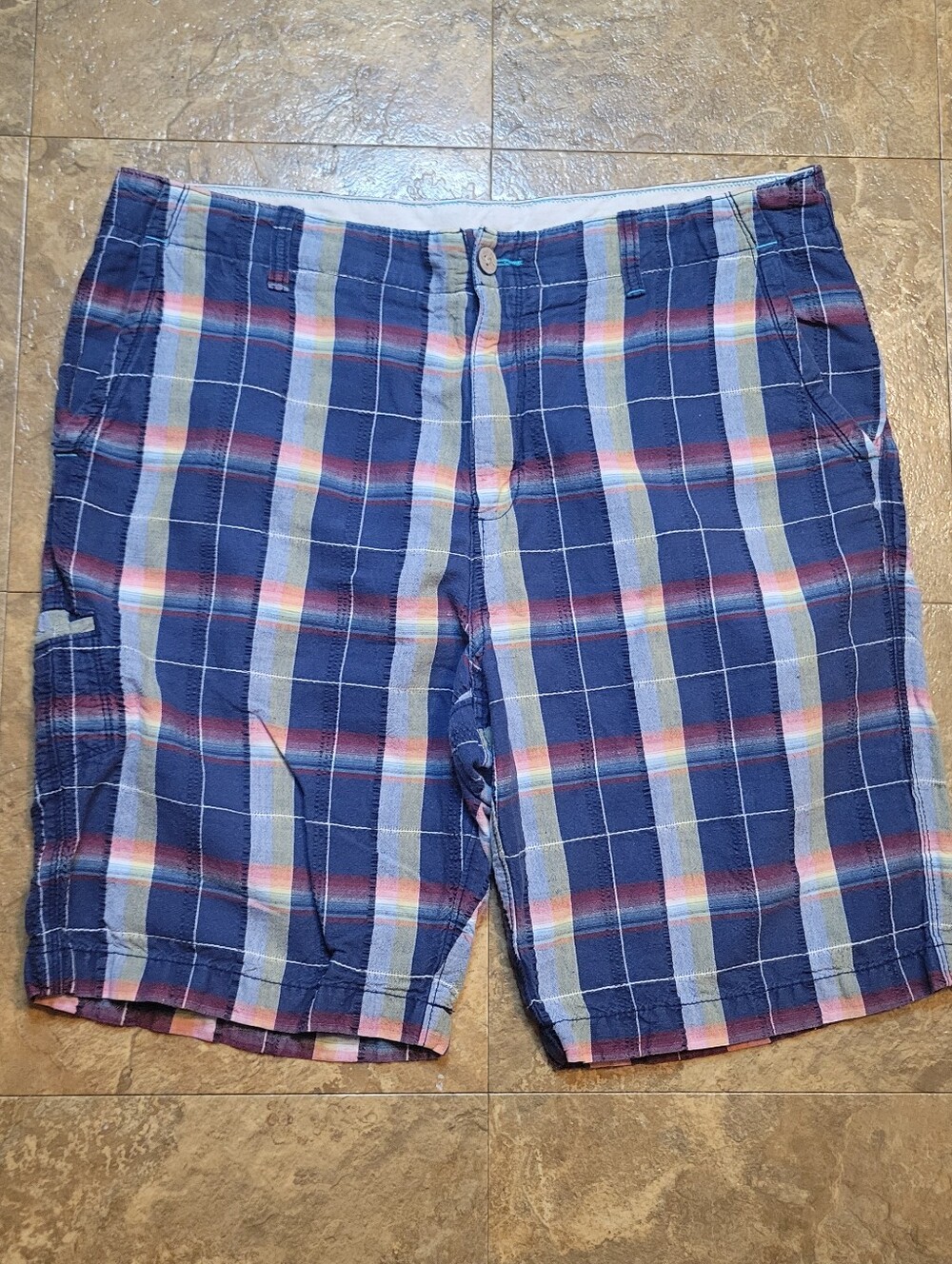 Tommy Bahama Relax Linen Blend Cargo Shorts Mens 36 Blue Plaid Beach Resortwear